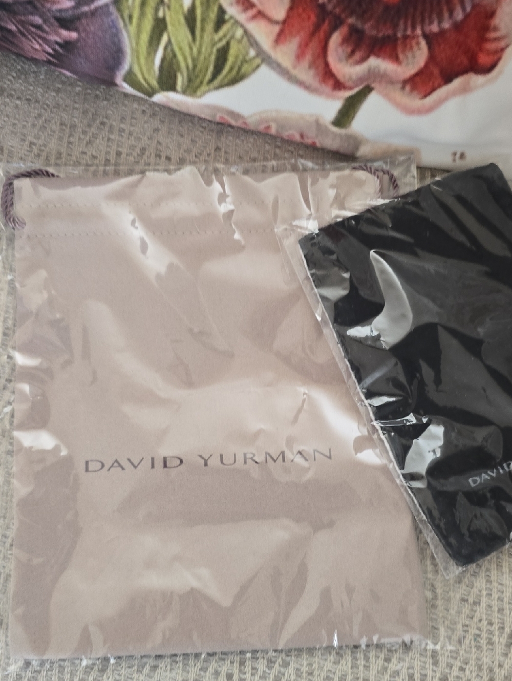 Large David Yurman Taupe Pouch And Black Branded Jewelry Cleaner Cloth